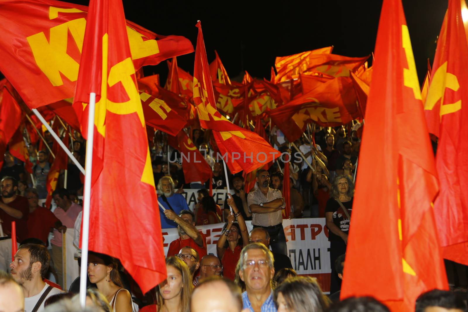 GREECE, Athens: The Communist Party of Greece (KKE) holds a massive campaign rally at Syntagma Square in Athens on September 16, 2015, ahead of the forthcoming snap elections on September 20. Thousands reportedly attended the rally, where KKE General Secretary Dimitris Koutsoumpas addressed supporters.