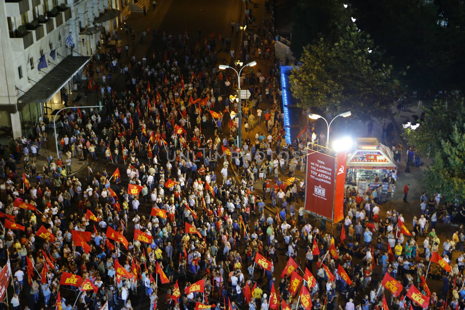 GREECE, Athens: The Communist Party of Greece (KKE) holds a massive campaign rally at Syntagma Square in Athens on September 16, 2015, ahead of the forthcoming snap elections on September 20. Thousands reportedly attended the rally, where KKE General Secretary Dimitris Koutsoumpas addressed supporters.