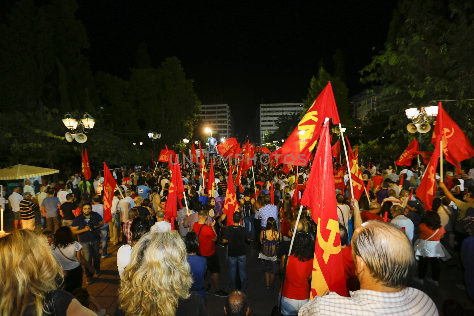 GREECE, Athens: The Communist Party of Greece (KKE) holds a massive campaign rally at Syntagma Square in Athens on September 16, 2015, ahead of the forthcoming snap elections on September 20. Thousands reportedly attended the rally, where KKE General Secretary Dimitris Koutsoumpas addressed supporters.