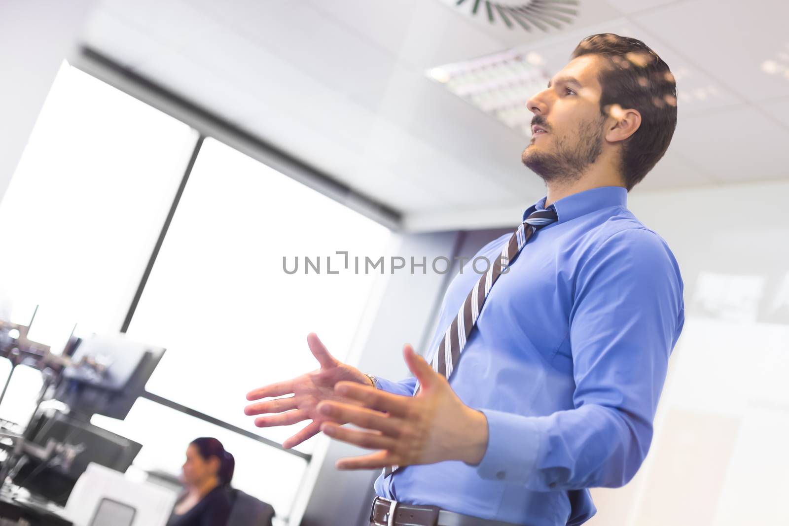 Business man making a presentation at office. Business executive delivering a presentation to his colleagues during meeting or in-house business training. Business and entrepreneurship.