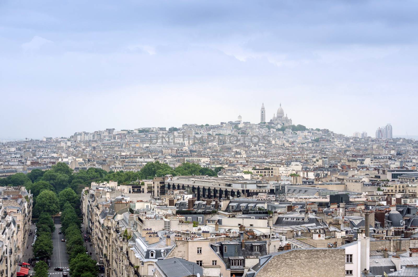 Basilica Sacre Coeur in montmartre with paris skyline, Paris, France.