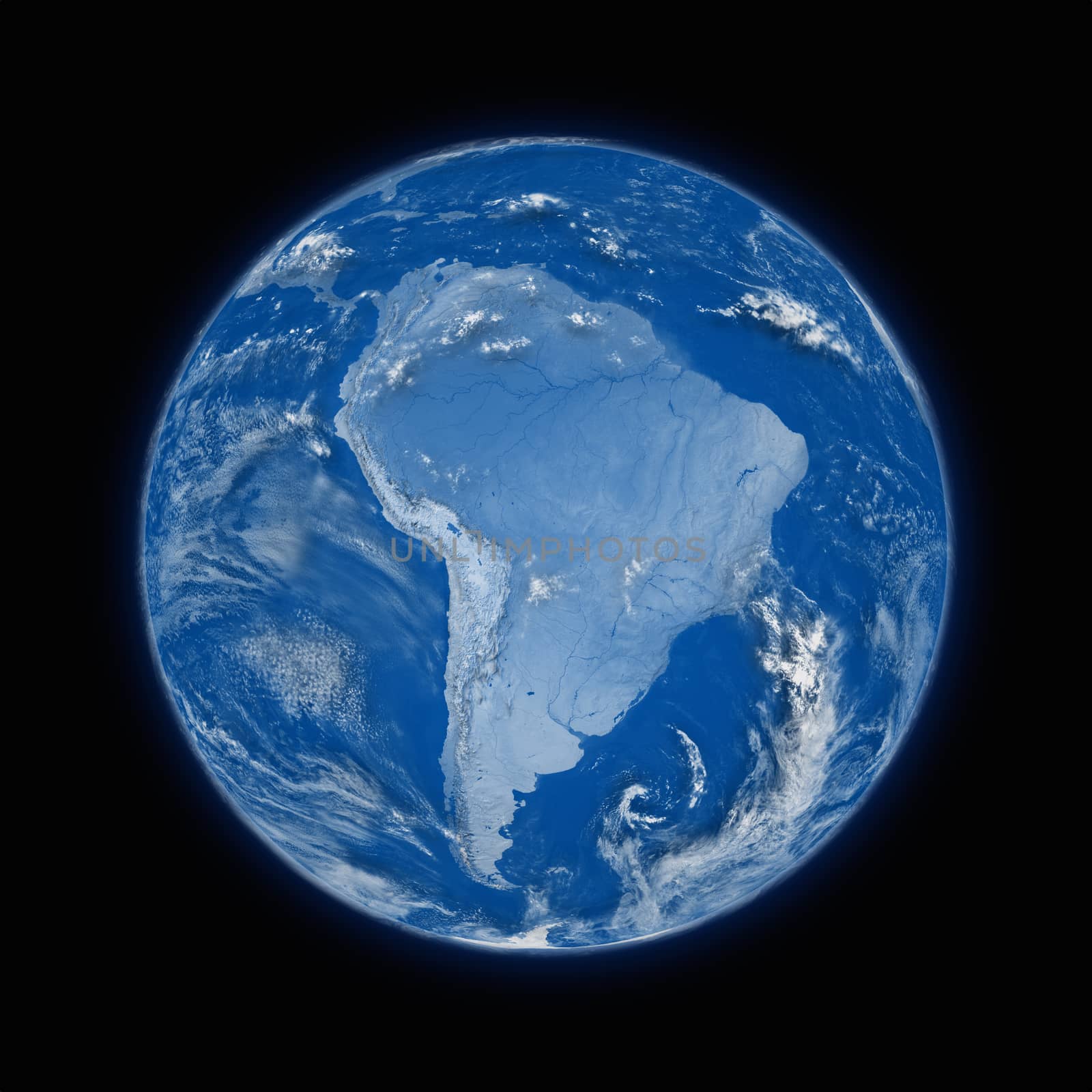 South America on blue planet Earth isolated on black background. Highly detailed planet surface. Elements of this image furnished by NASA.