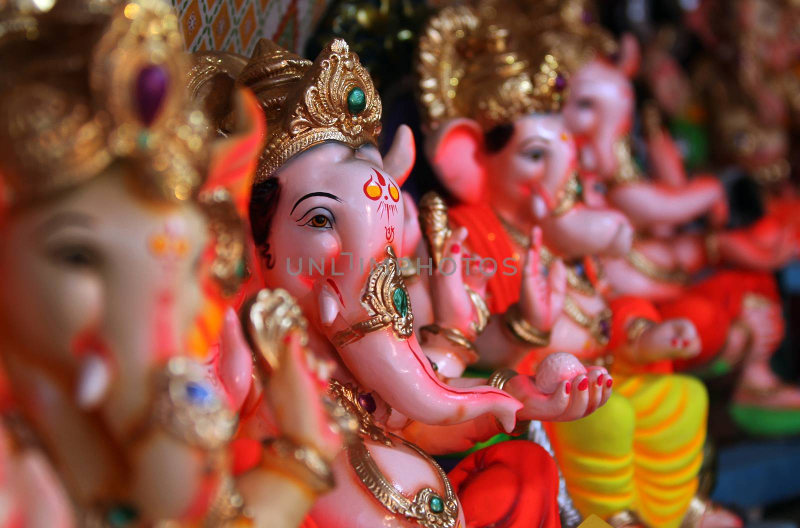 Beautiful idols of Lord Ganesha for sale in a Shop during Ganesh festival in India.