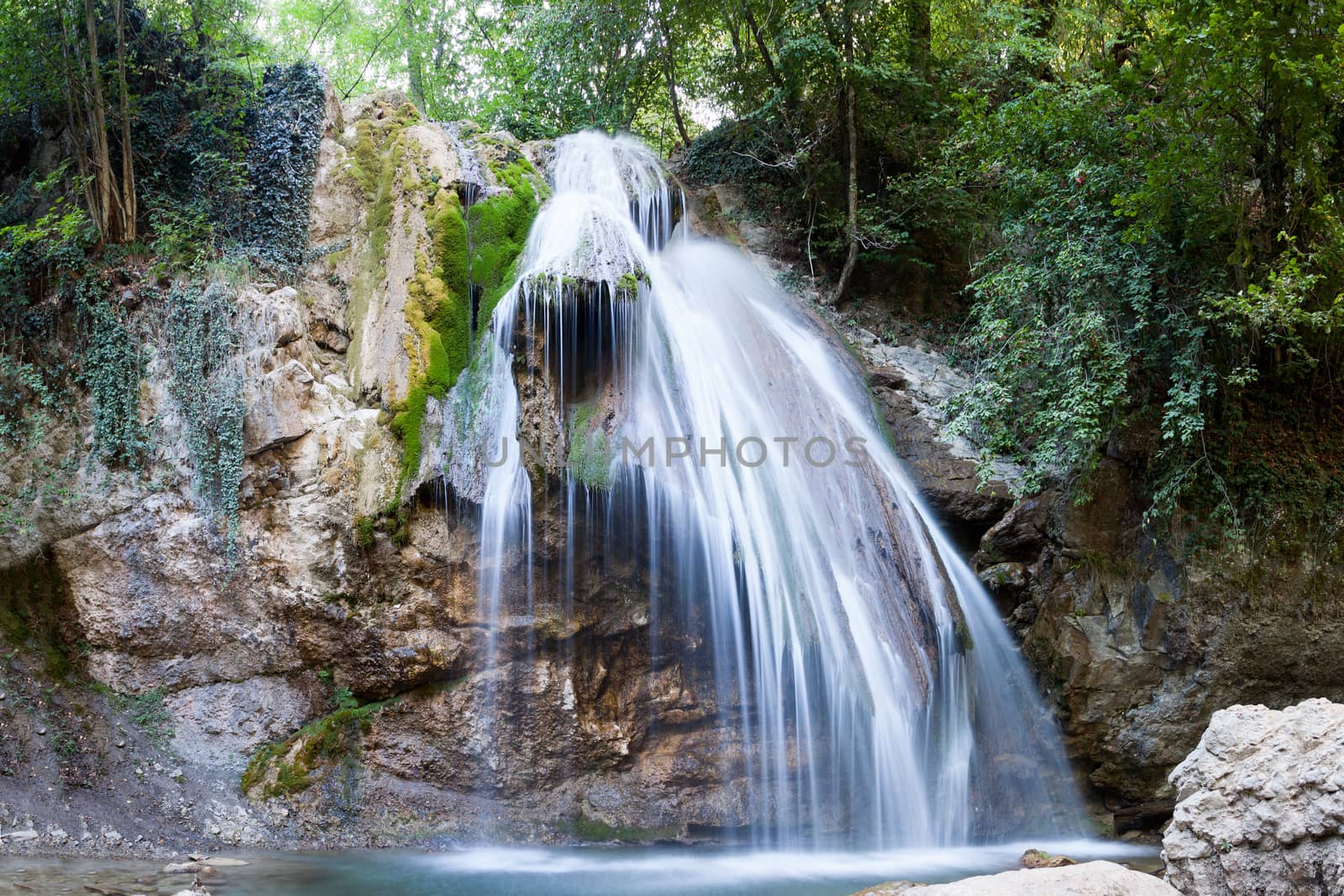 beautiful big falls Dzhur-Dzhur in the summer afternoon, Crimea, Russia