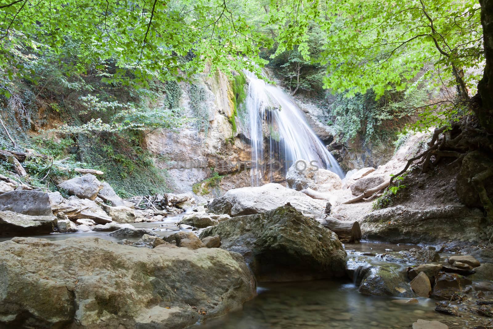 beautiful big falls Dzhur-Dzhur in the summer afternoon, Crimea, Russia