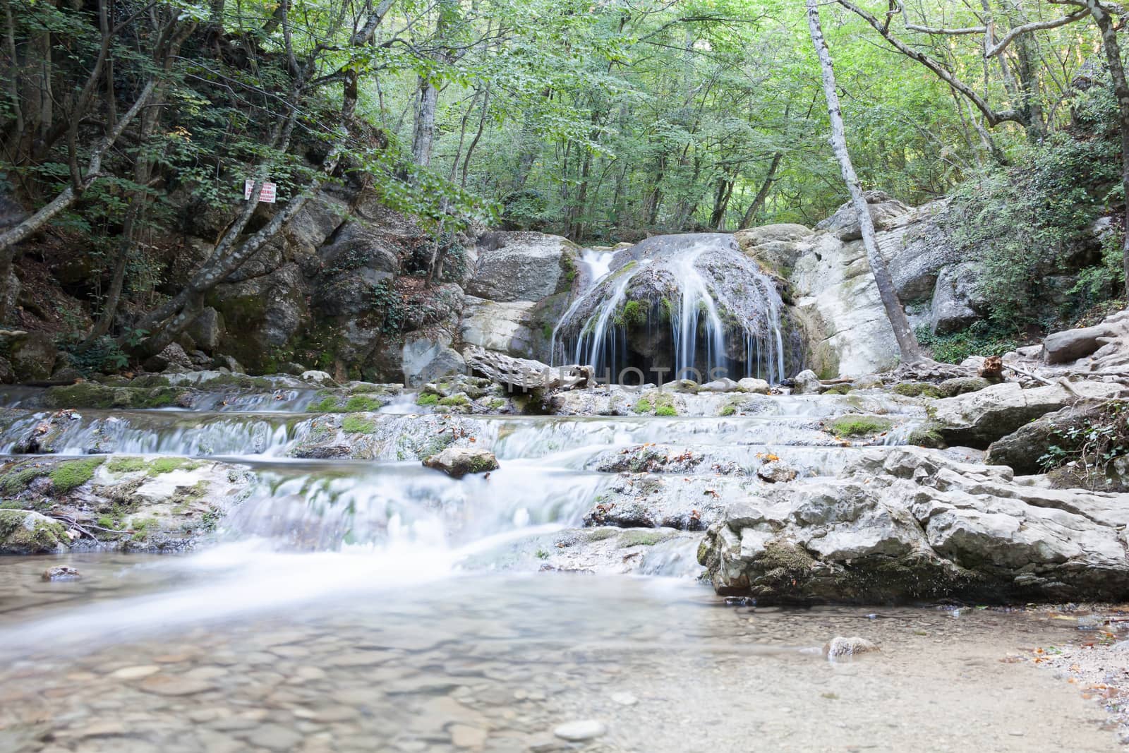 beautiful forest falls in mountains in the summer afternoon, the Crimea, Russia