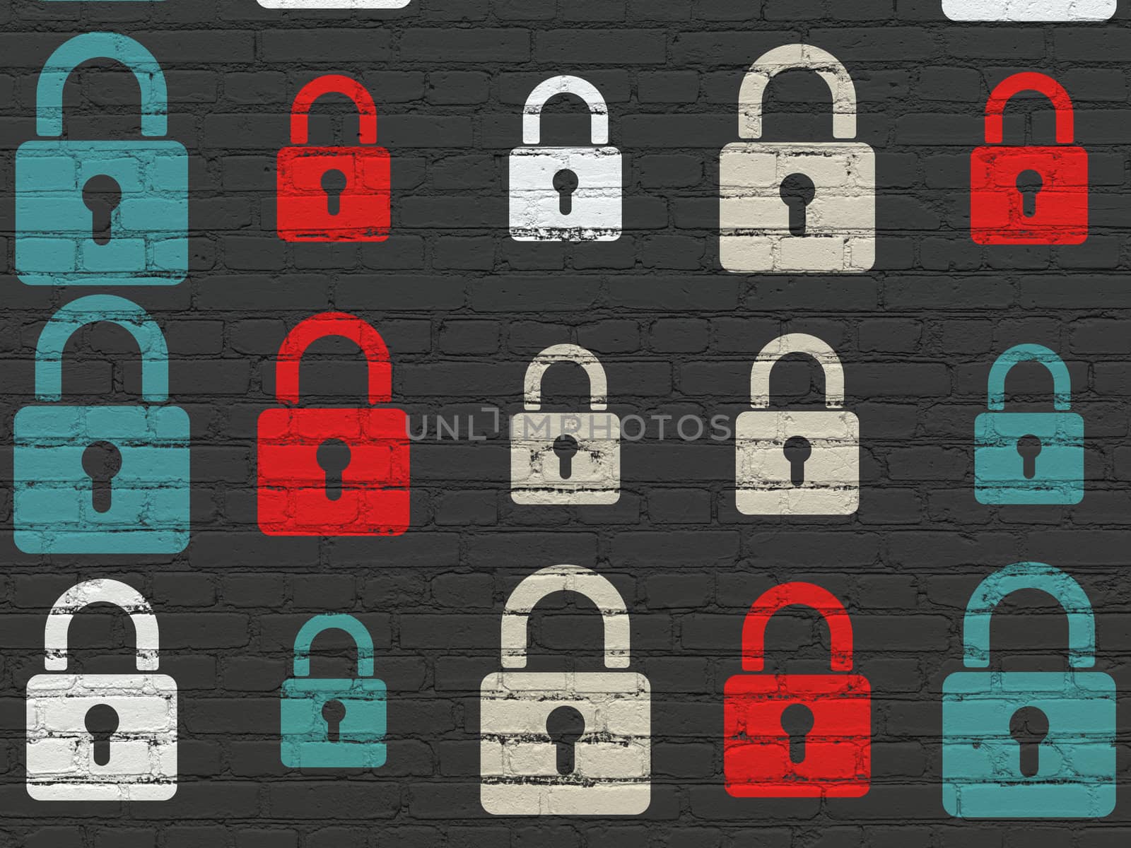Data concept: Painted multicolor Closed Padlock icons on Black Brick wall background