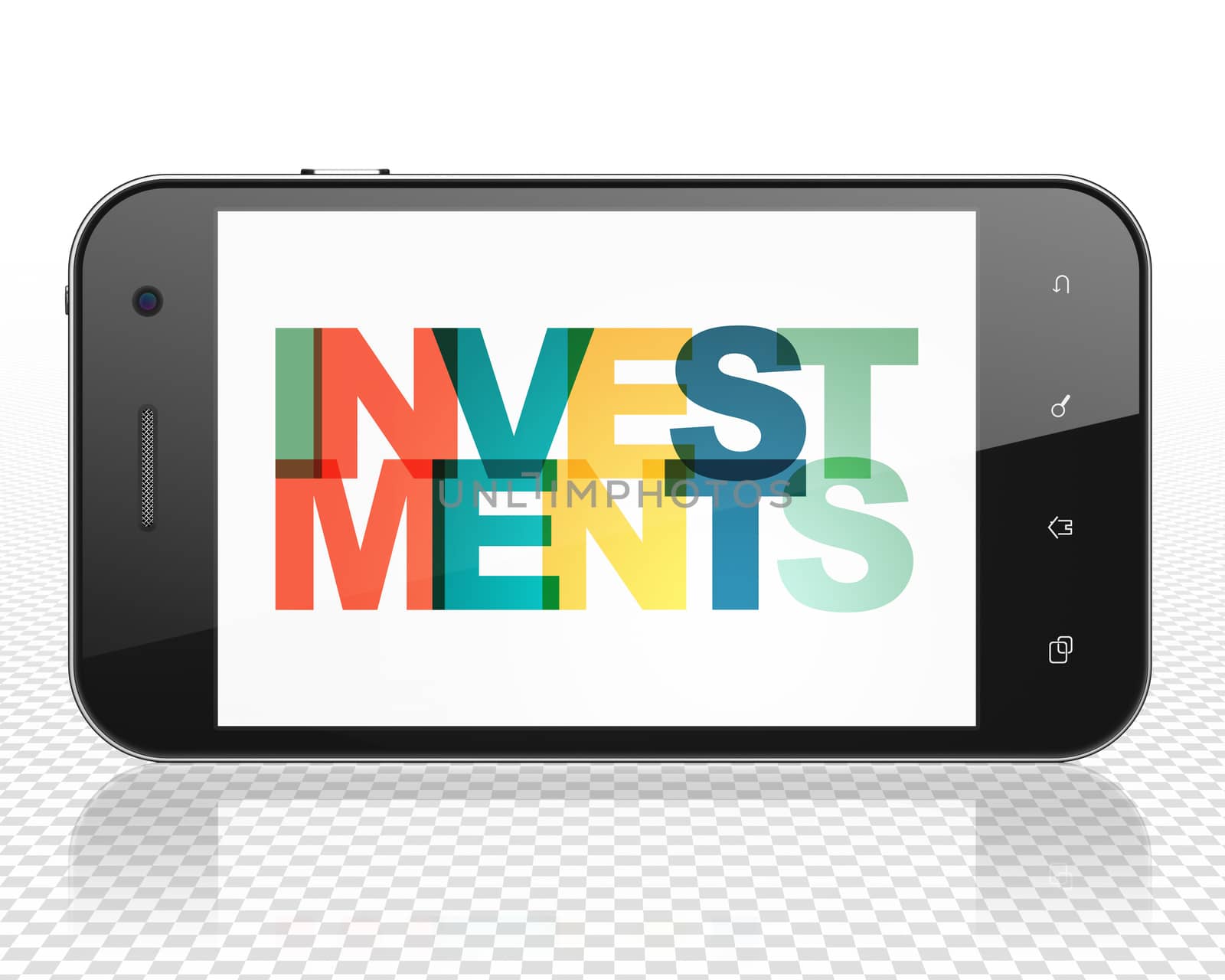 Currency concept: Smartphone with Painted multicolor text Investments on display