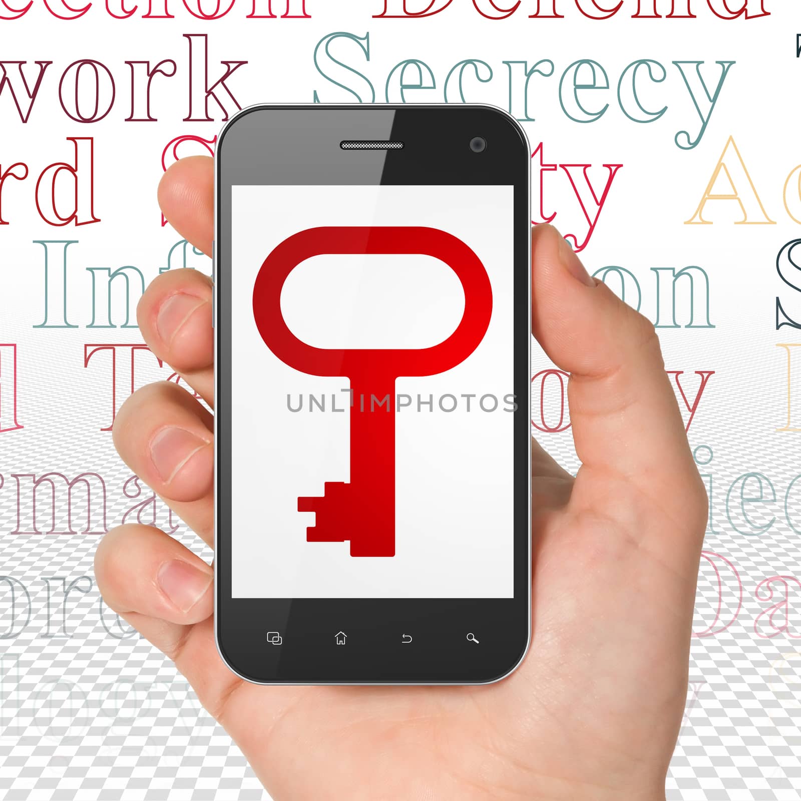 Safety concept: Hand Holding Smartphone with  red Key icon on display,  Tag Cloud background