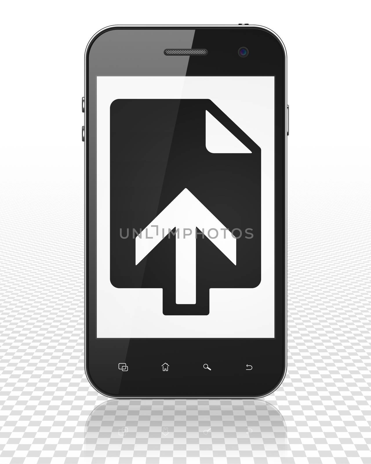 Web development concept: Smartphone with black Upload icon on display