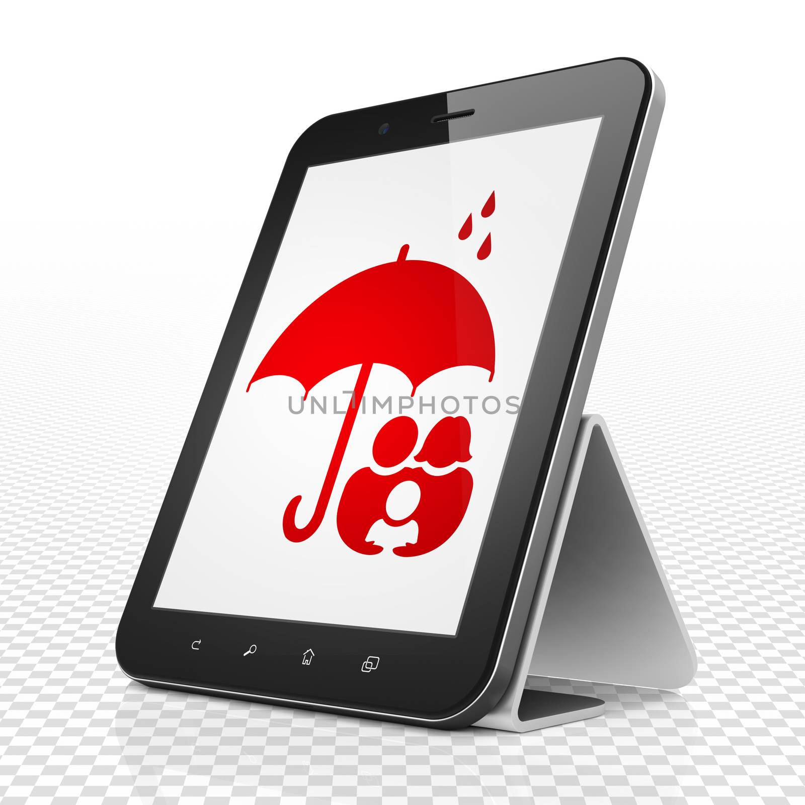 Insurance concept: Tablet Computer with Family And Umbrella on display by maxkabakov