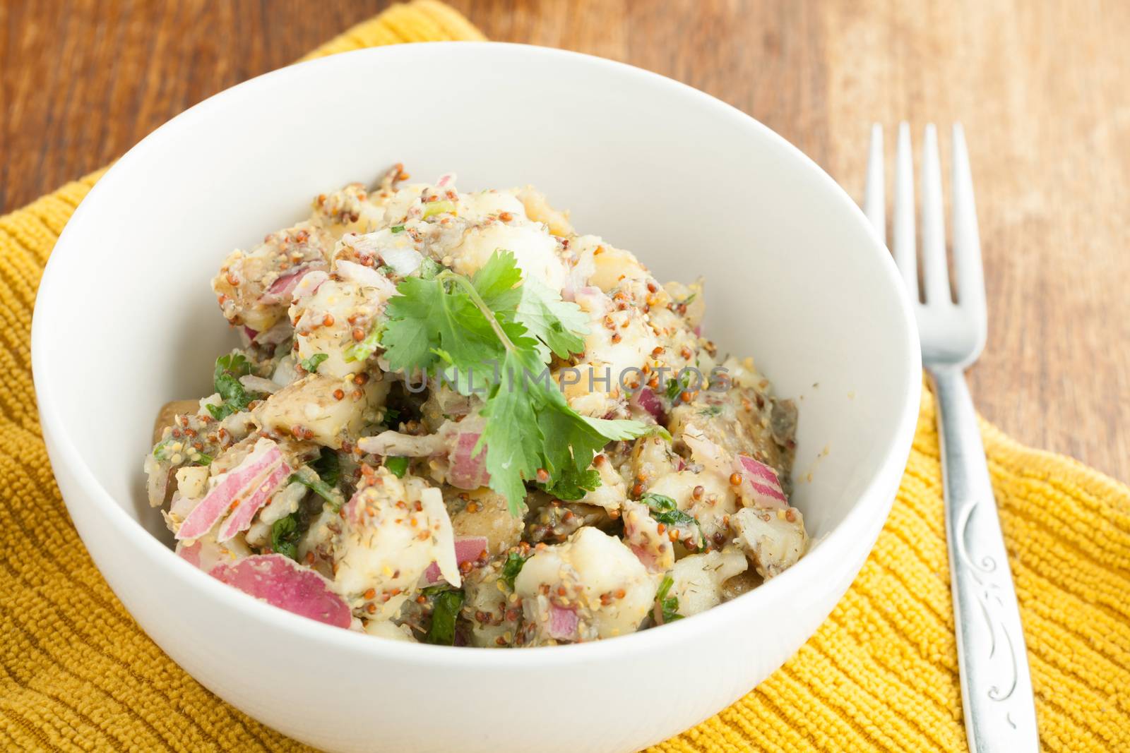 Potato salad freshly homemade without mayonaise.  Ingredients include cilantro olive oil vinegar whole grain dijon mustard red onions and potatoes. 