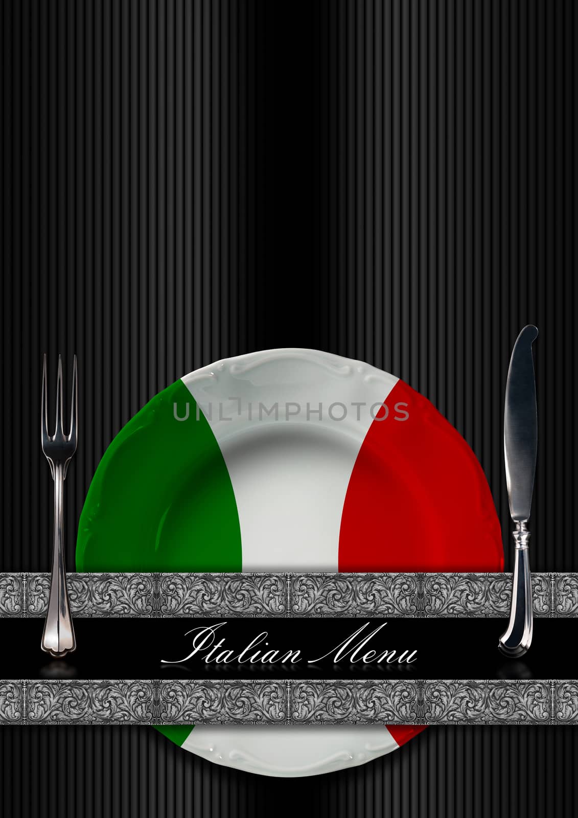 Restaurant menu with green, red and white plate, italian flag, silver cutlery, two silver floral bands and text Italian Menu