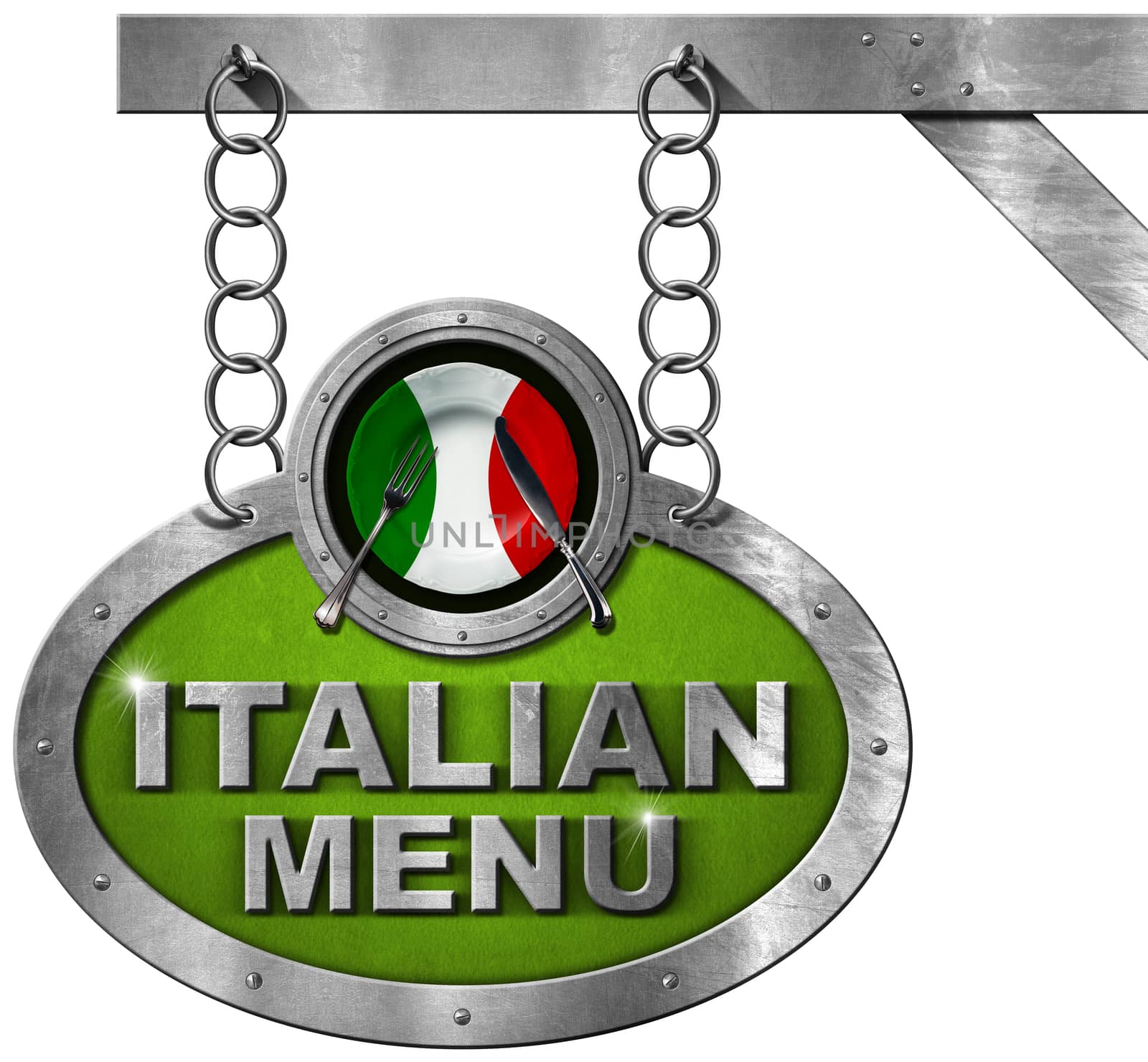 Oval metal sign with a plate with the colours of Italian flag and text Italian Menu. Hanging from a metal chain on a pole and isolated on a white