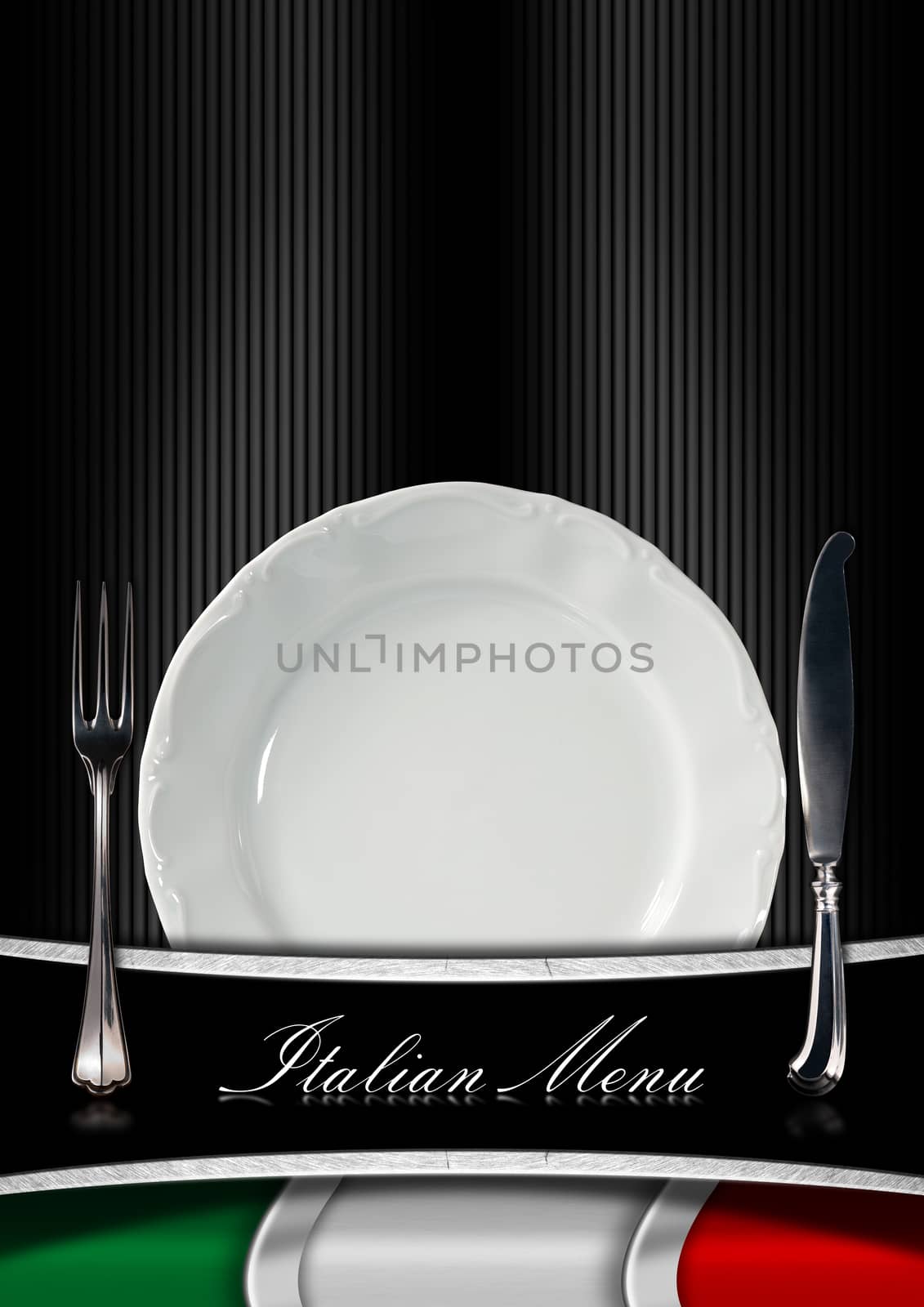 Background with italian flag, empty white plate with silver cutlery and text Italian Menu. Template for an Italian food menu