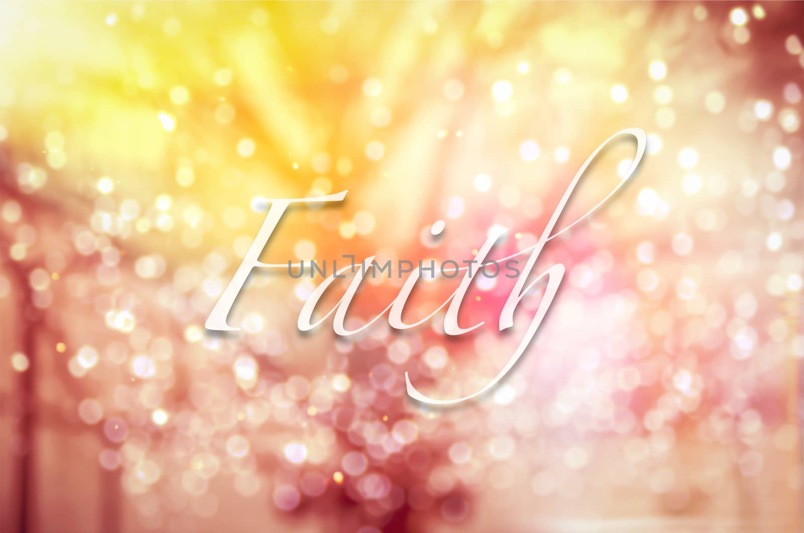 Faith typographic word on abstract bokeh background, vintage and retro style.