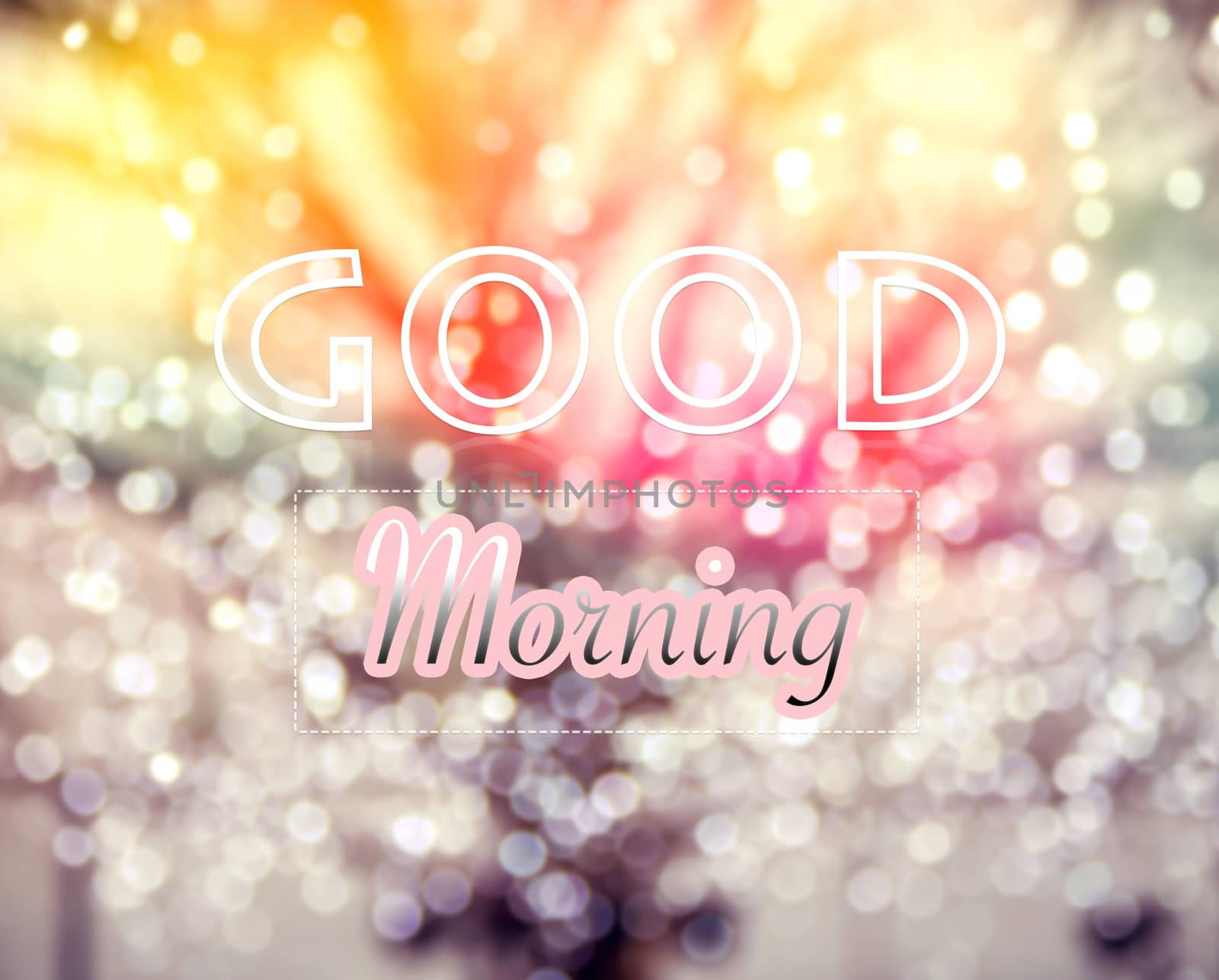 Good Morning typographic word on  winter tree and glitter bokeh lights background, vintage and retro style image
