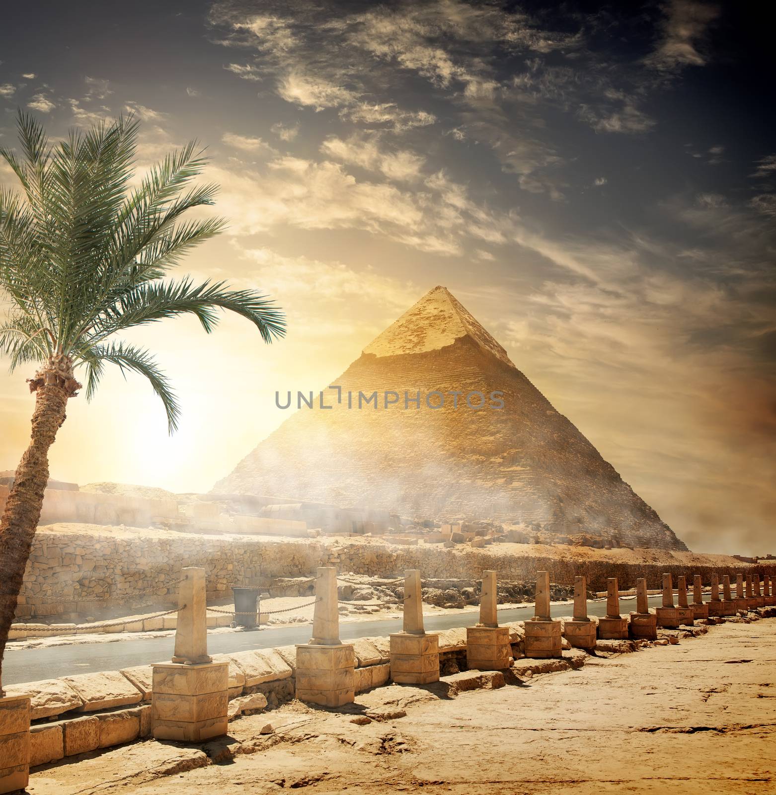 Pyramid of Khafre near road at sunlight