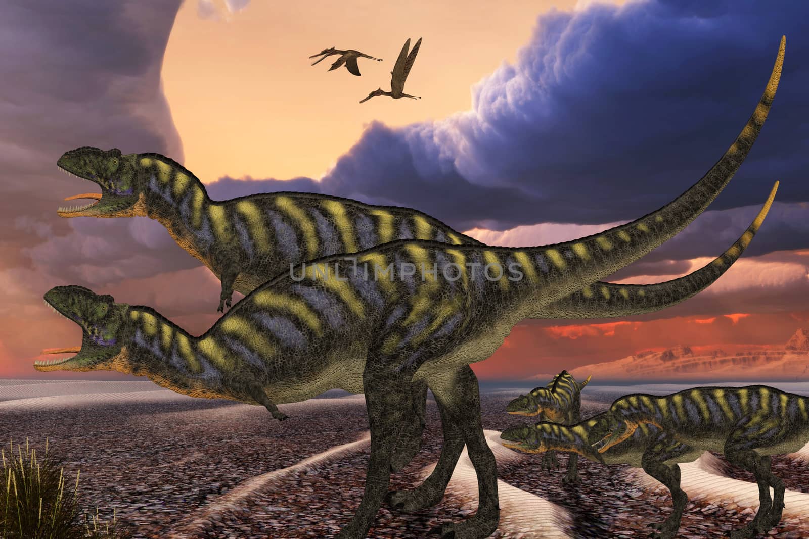 Parental Aucasaurus dinosaurs defend their youngsters from a passing predator in their territory as Zhenyuanopterus reptile birds fly nearby.