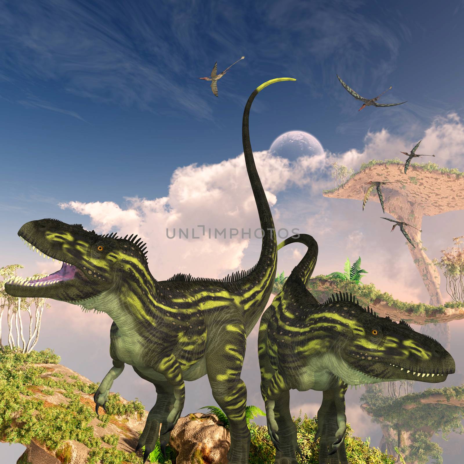 Torvosaurus dinosaurs on a cliff search for prey as a flock of Rhamphorhynchus reptiles fly nearby.