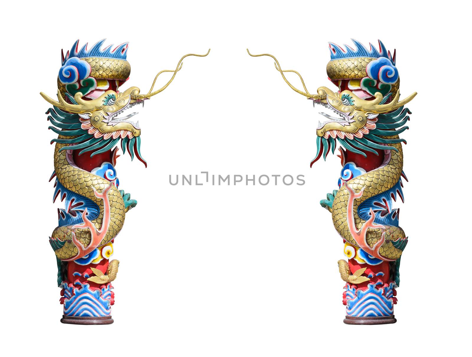 China Dragon statue in china temple roof shot with white background the beautiful reflected light.