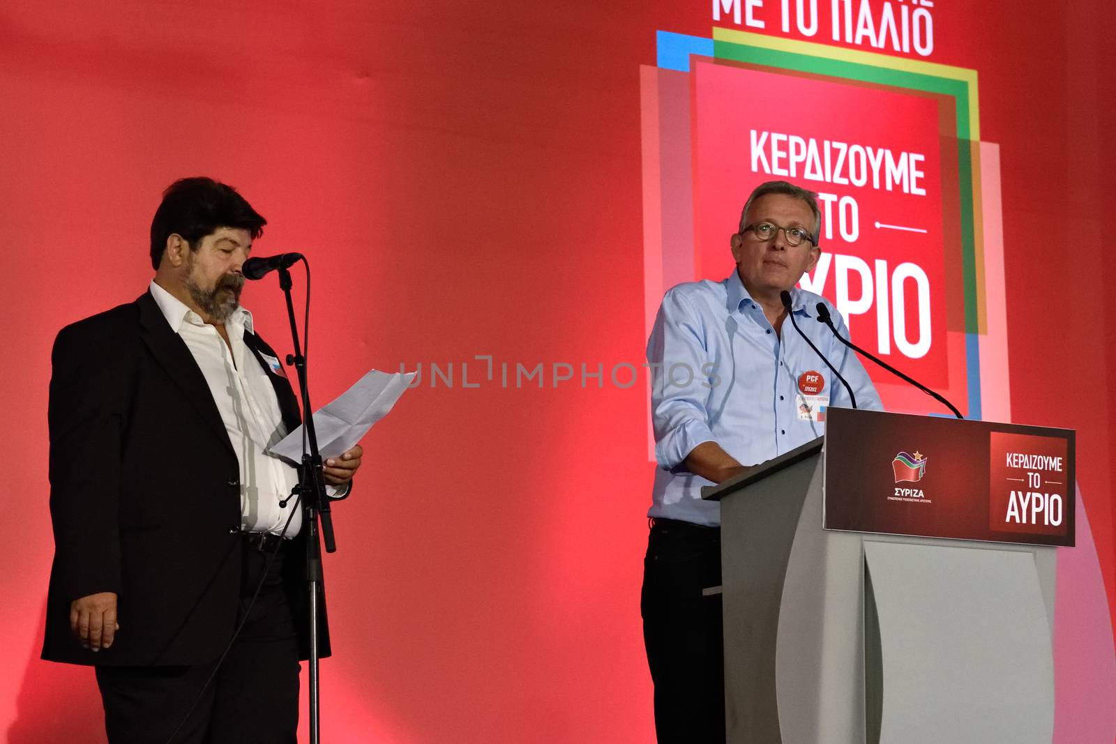 GREECE, Athens: Pierre Laurent (R) of the French Communist Party (PCF) addresses Syriza party supporters during the party's main election campaign rally in Athens, Greece on September 18, 2015. The Greek General Election will be held on September 20