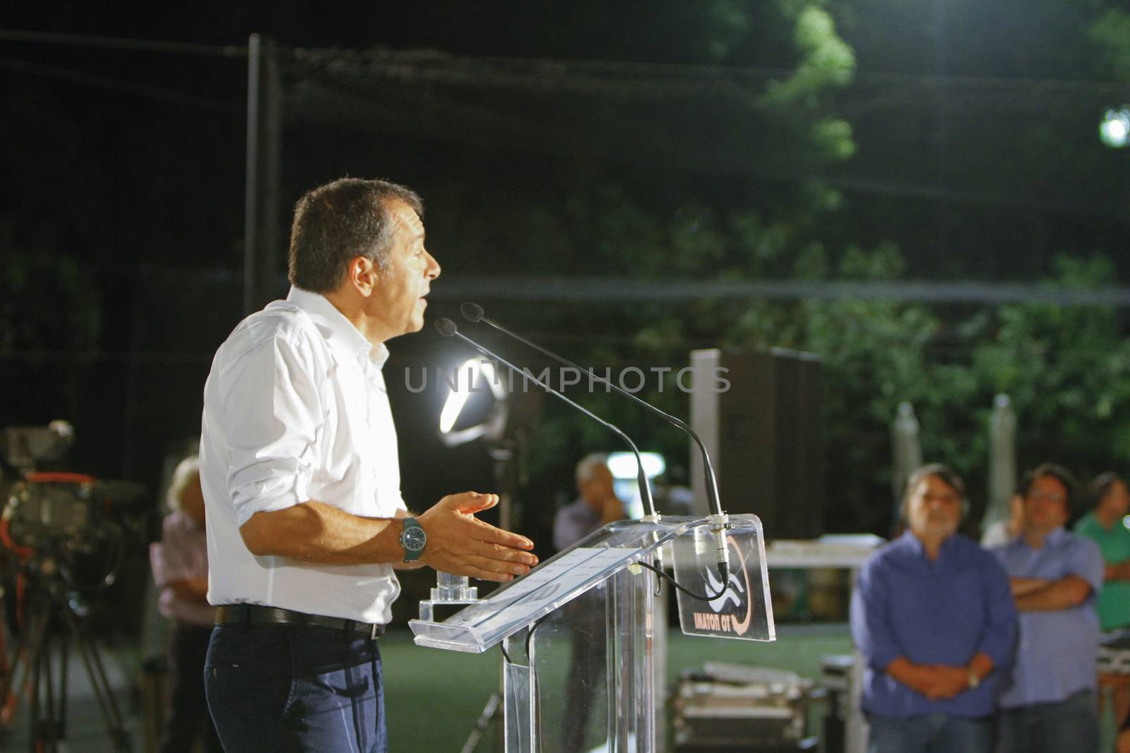 GREECE, Athens: Former-journalist and Party leader of To Potami ('The River') Stavros Theodorakis addresses a supporter rally in Athens on September 18, 2015, two days ahead of the Greek General election, the second to be held within the year