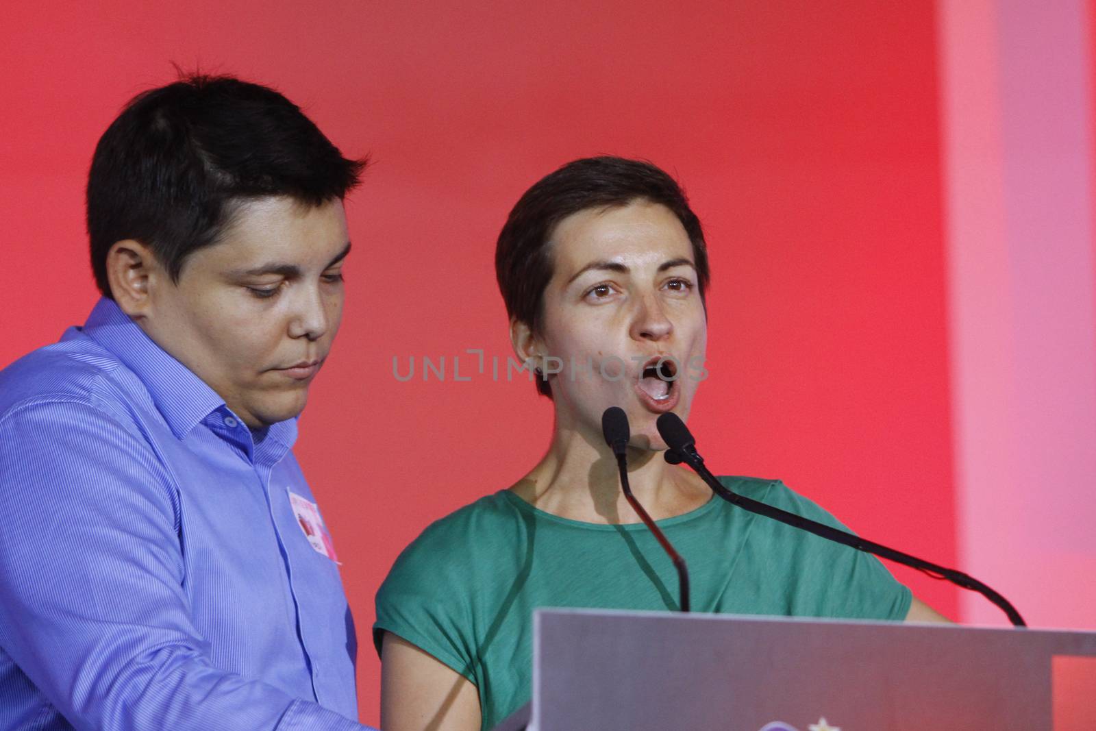 GREECE, Athens: German Green MEP Ska Keller addresses Syriza supporters during the party's final election rally at Syntagma Square, Athens on September 18, 2015 two days ahead of the Greek General Election