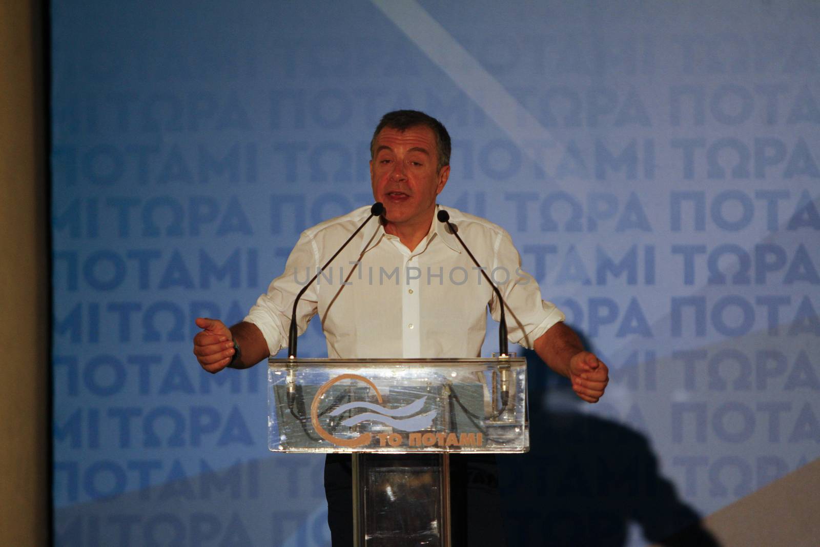 GREECE, Athens: Former-journalist and Party leader of To Potami ('The River') Stavros Theodorakis addresses a supporter rally in Athens on September 18, 2015, two days ahead of the Greek General election, the second to be held within the year