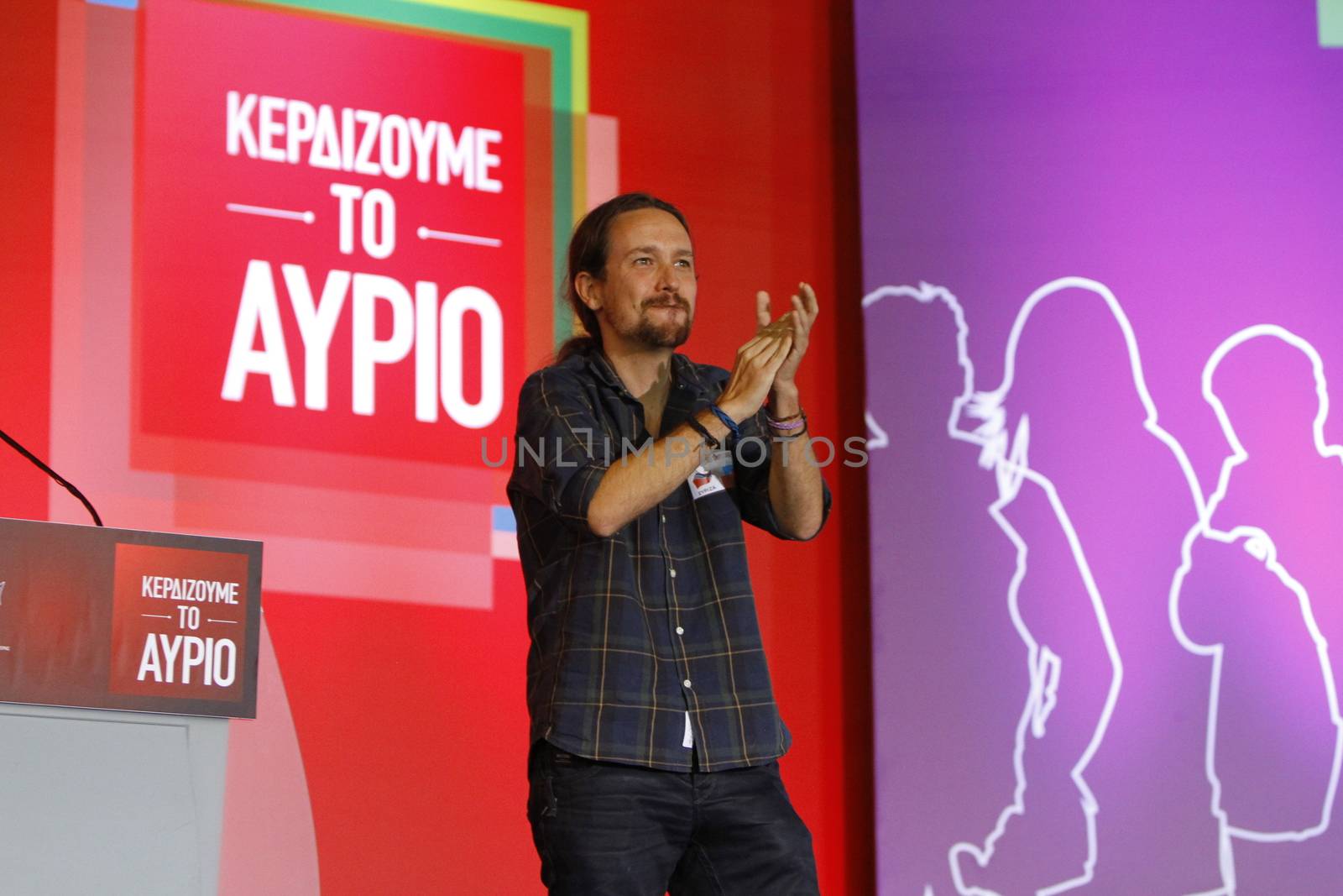 GREECE, Athens: Pablo Iglesias, the leader of the Spanish anti-austerity Podemos party, applauds the crowd of Syriza supporters during the party's final election rally at Syntagma Square, Athens on September 18, 2015 two days ahead of the Greek General Election