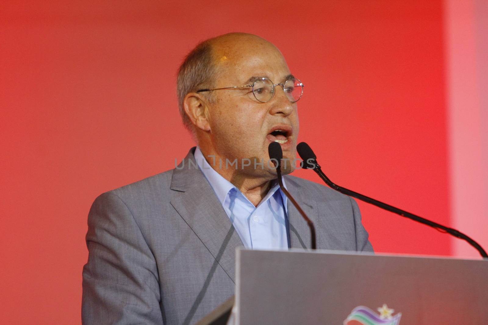 GREECE, Athens: Gregor Gysi, the chairman of German party Die Linke (The Left) addresses Syriza supporters during the party's final election rally at Syntagma Square, Athens on September 18, 2015 two days ahead of the Greek General Election