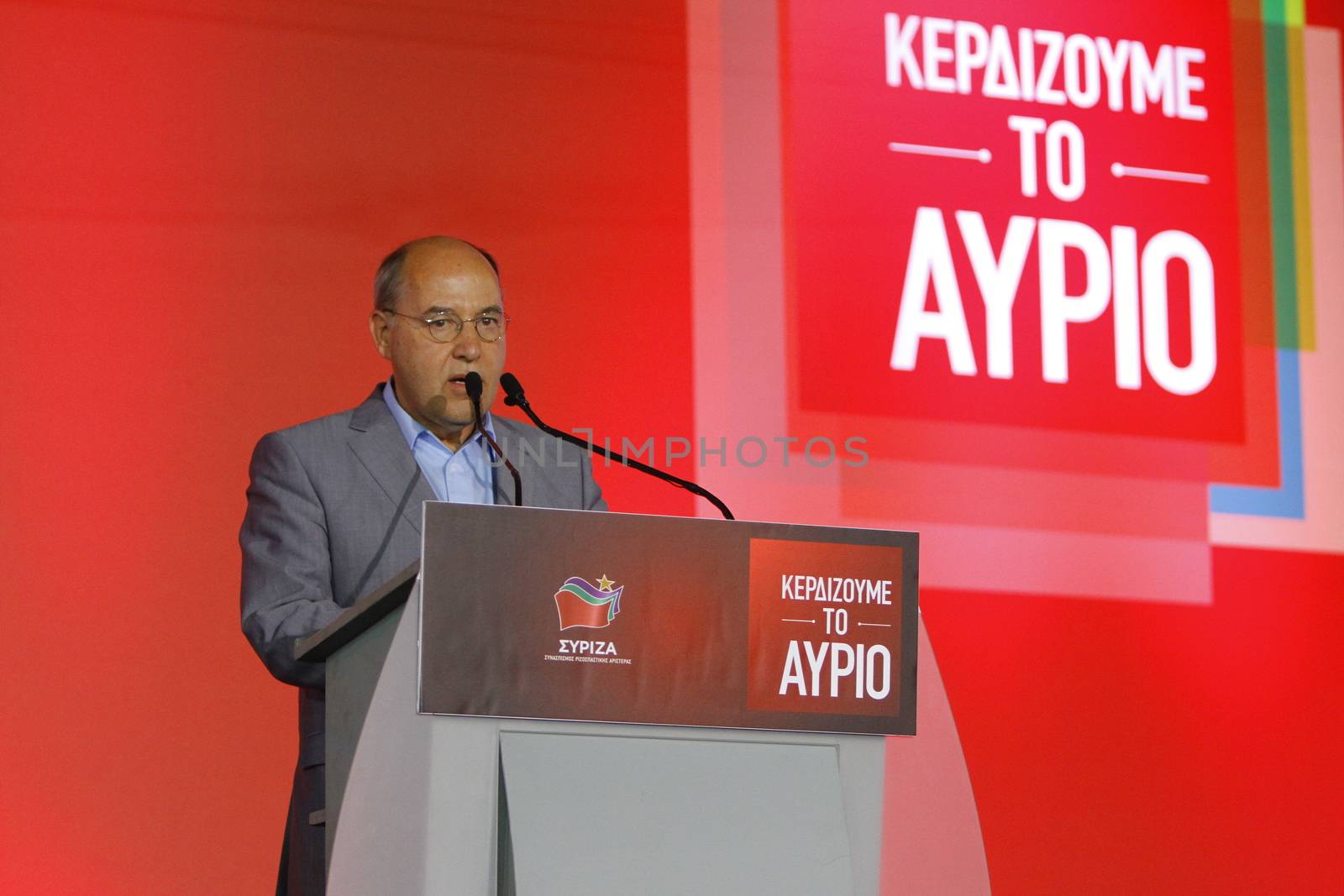 GREECE, Athens: Gregor Gysi, the chairman of German party Die Linke (The Left) addresses Syriza supporters during the party's final election rally at Syntagma Square, Athens on September 18, 2015 two days ahead of the Greek General Election