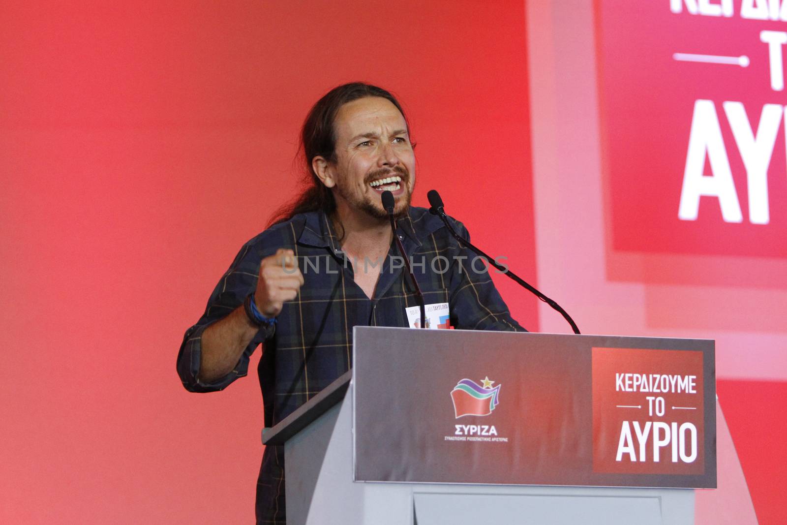 GREECE, Athens: Pablo Iglesias, the leader of the Spanish anti-austerity Podemos party, addresses Syriza supporters during the party's final election rally at Syntagma Square, Athens on September 18, 2015 two days ahead of the Greek General Election