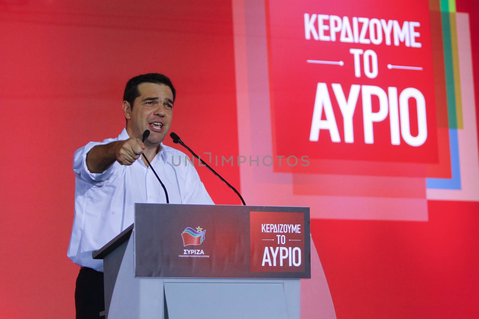 GREECE, Athens: Alexis Tsipras, former Prime Minister and current leader of Syriza, addresses a crowd of Syriza supporters during the party's final election rally at Syntagma Square, Athens on September 18, 2015 two days ahead of the Greek General Election