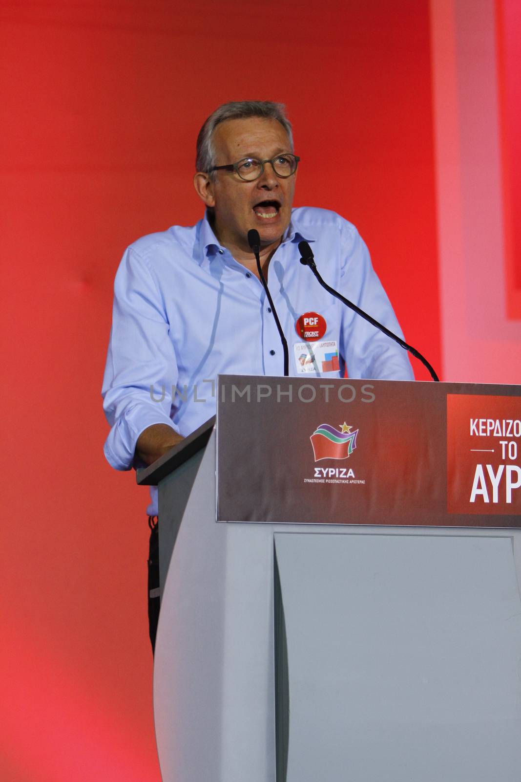 GREECE, Athens: Pierre Laurent, the National secretary of the French Communist Party, addresses Syriza supporters during the party's final election rally at Syntagma Square, Athens on September 18, 2015 two days ahead of the Greek General Election