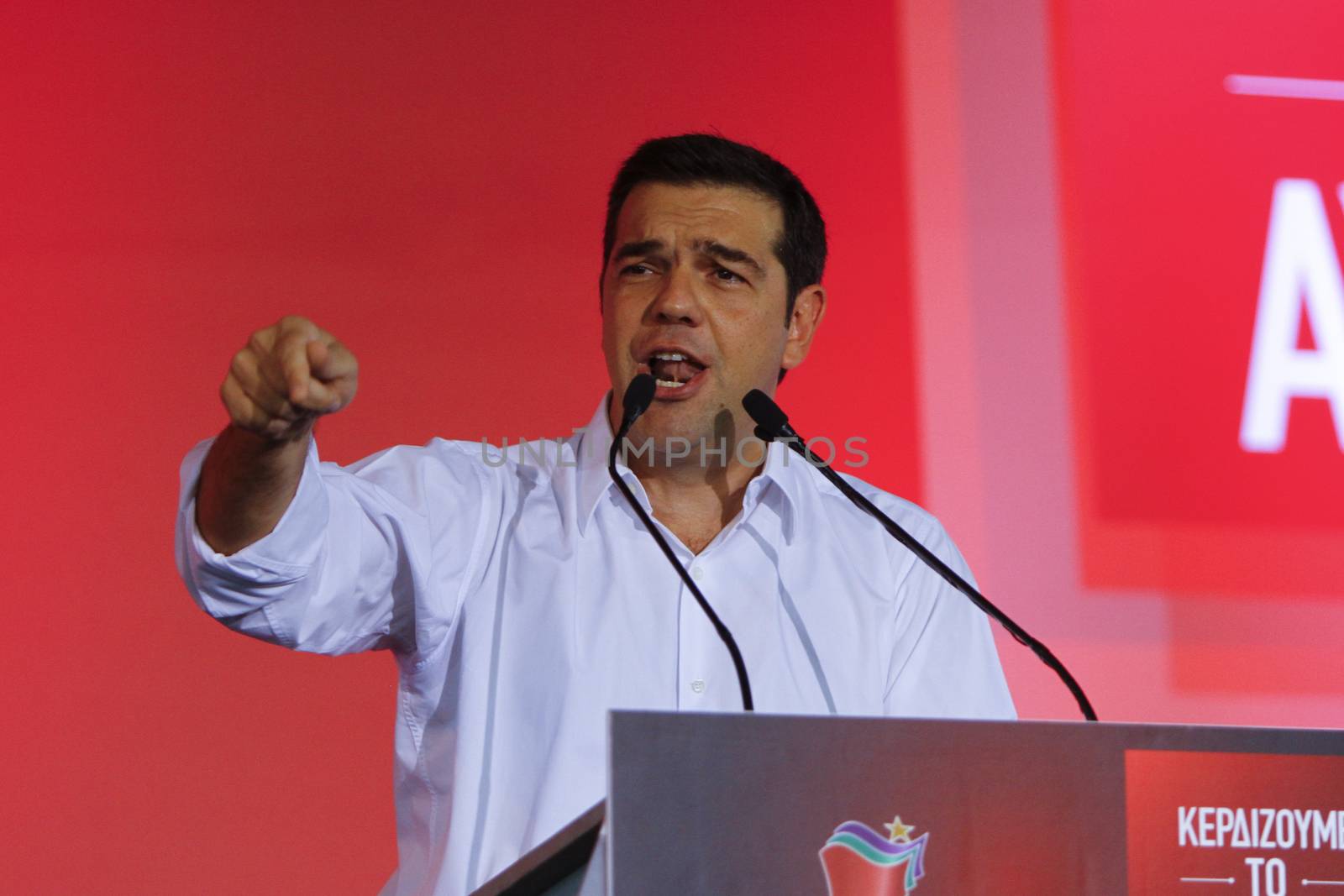 GREECE, Athens: Alexis Tsipras, former Prime Minister and current leader of Syriza, addresses a crowd of Syriza supporters during the party's final election rally at Syntagma Square, Athens on September 18, 2015 two days ahead of the Greek General Election