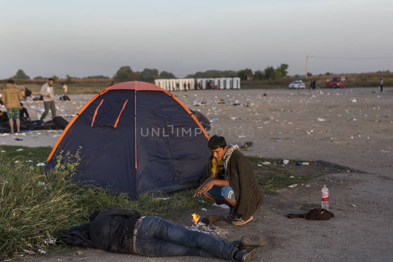 CROATIA, Tovarnik: Refugees camp out in Tovarnik, Croatia near the Serbian-border on September 18, 2015. Refugees are hoping to continue their journey to Germany and Northern Europe via Slovenia 