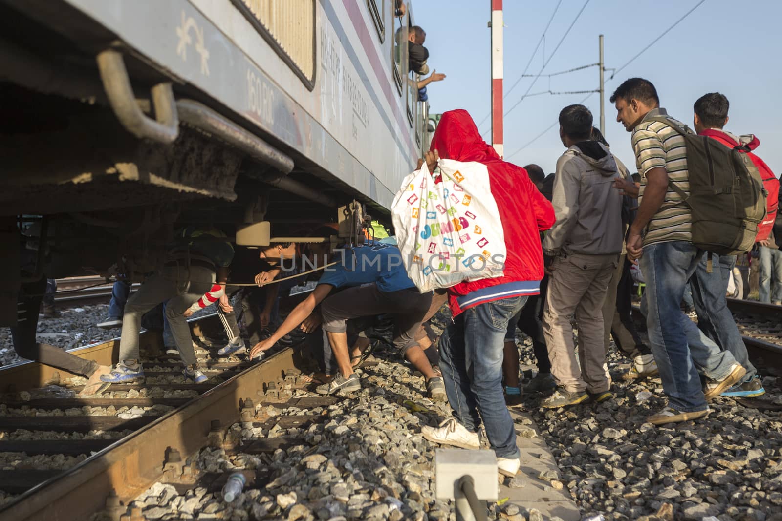 CROATIA, Tovarnik: Refugees attempt to hide under a train at a railway station in Tovarnik, Croatia near the Serbian-border as police move in on their position on September 18, 2015. Refugees are hoping to continue their journey to Germany and Northern Europe via Slovenia 