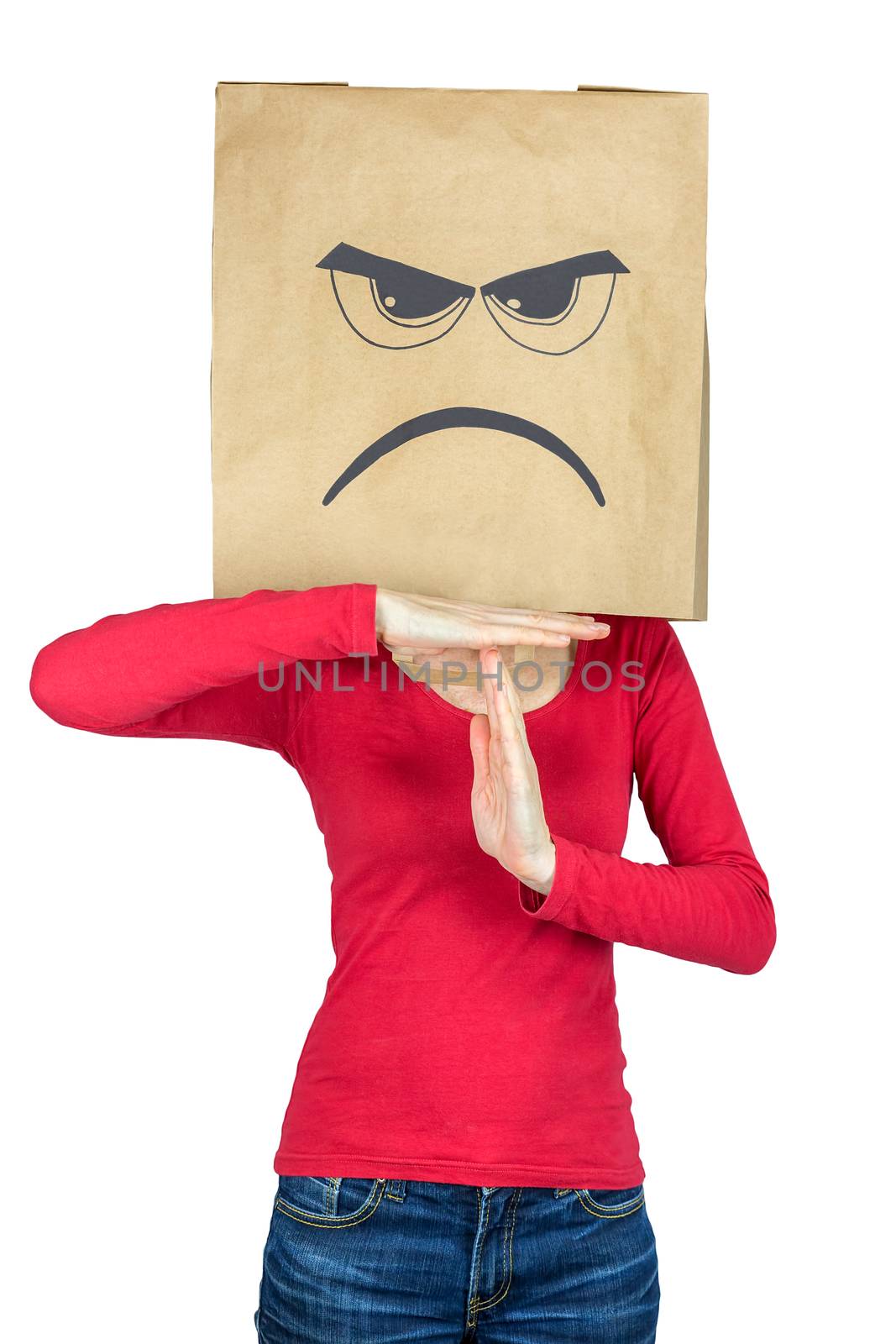 Woman wearing  paper bag on head showing angry face making gesture of time out isolated on white background