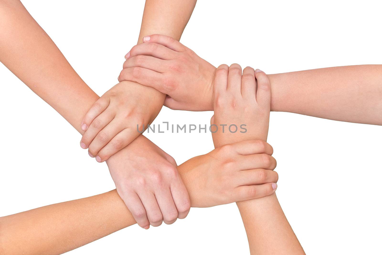 Five arms of children holding together on white background by BenSchonewille