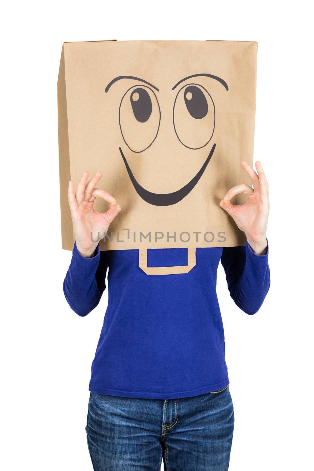 Happy smiling woman with paper bag on head isolated on white background