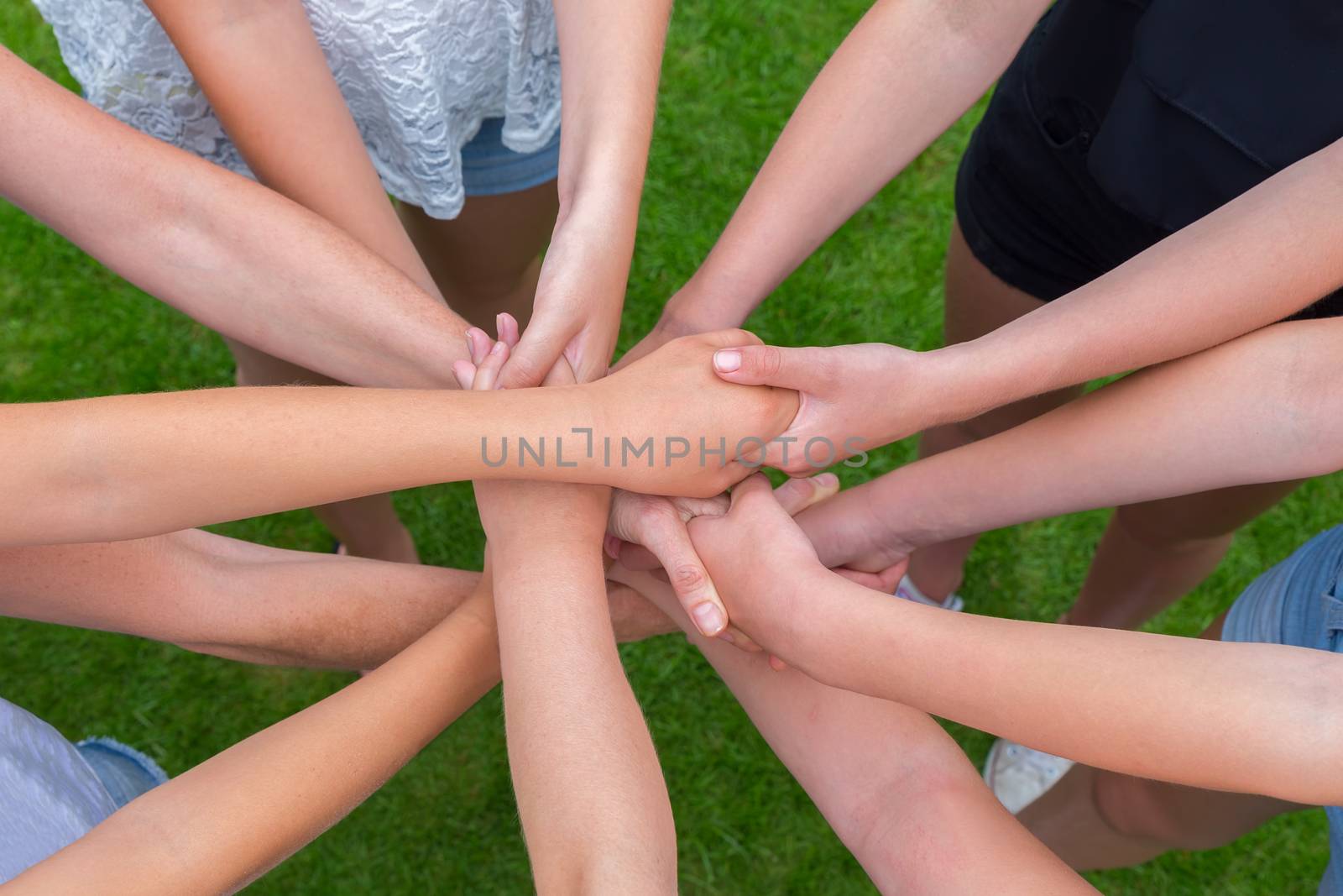 Many arms of girls holding hands together above green grass