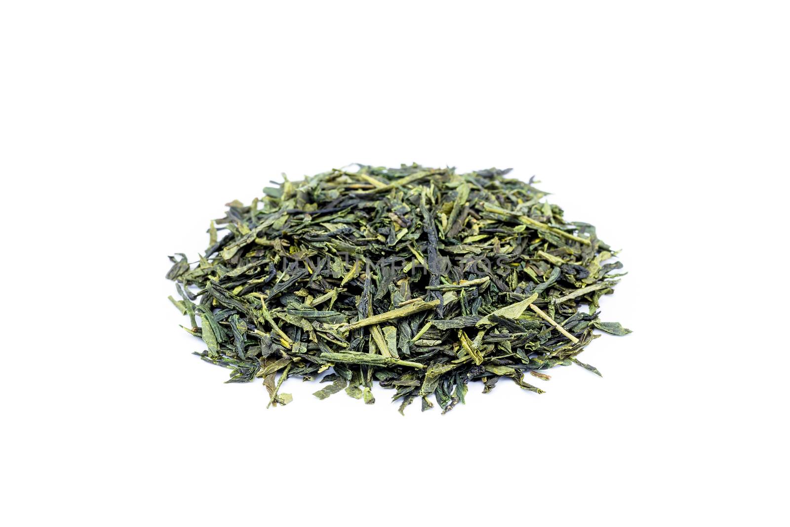 Heap of loose green tea Sencha isolated on white background
