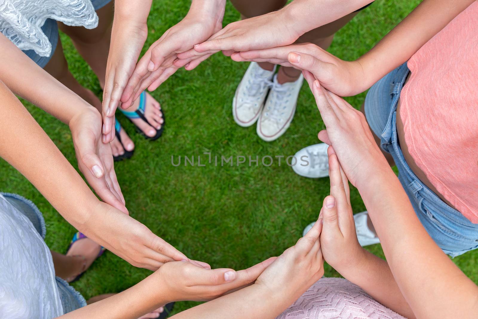 Many arms of young girls with hands making circle above green grass