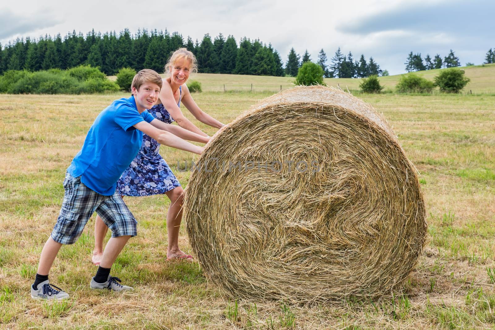 Woman and teenage boy  rolling hay bale on grass in rural area