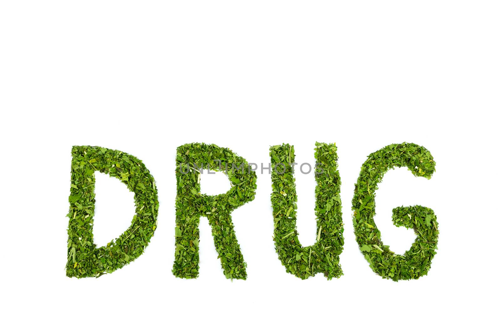 Word DRUG letters made of green hemp leaves isolated on white background