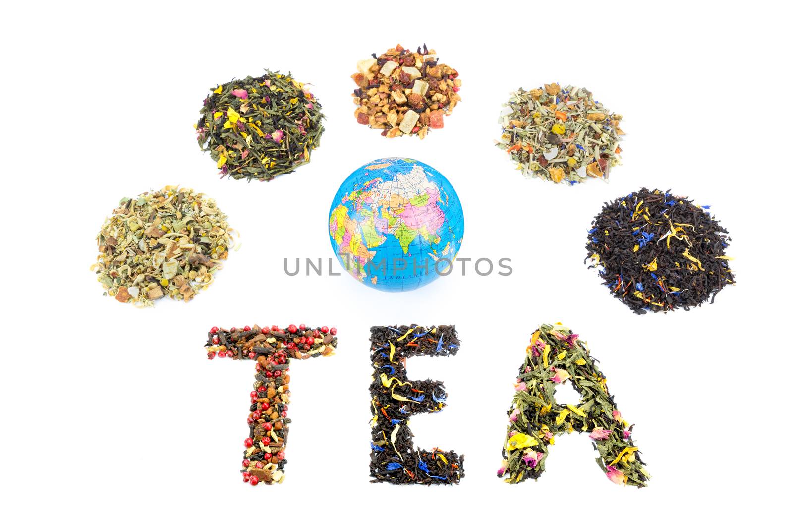 Word TEA with globe and various heaps of tea species isolated on white background