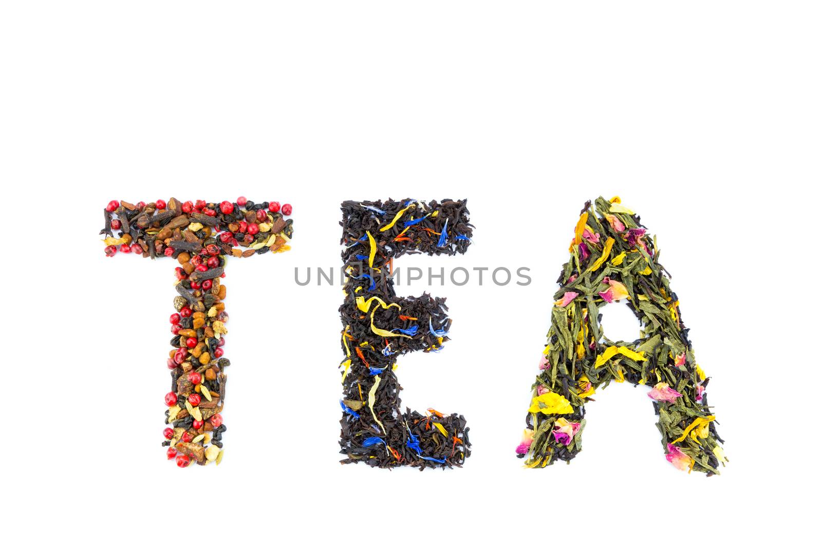 Word TEA made of colorful loose tea species isolated on white background