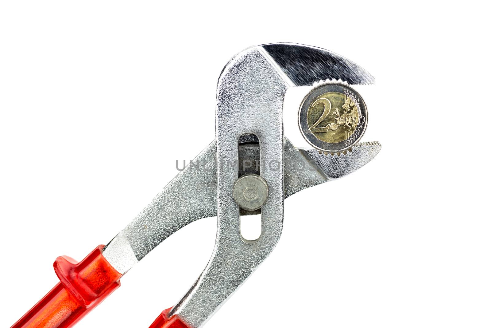 Water pump pliers holding two euro coin isolated on white background