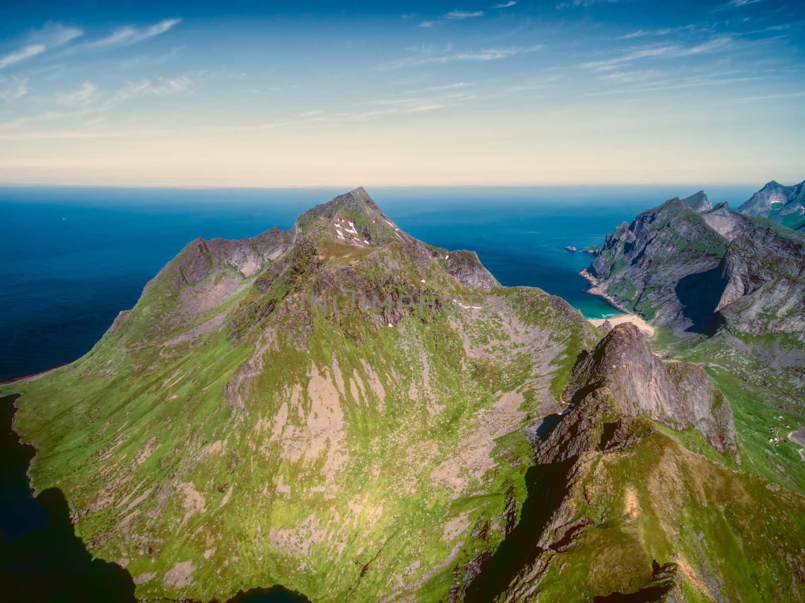 Scenic aerial view of peak on Lofoten islands in Norway